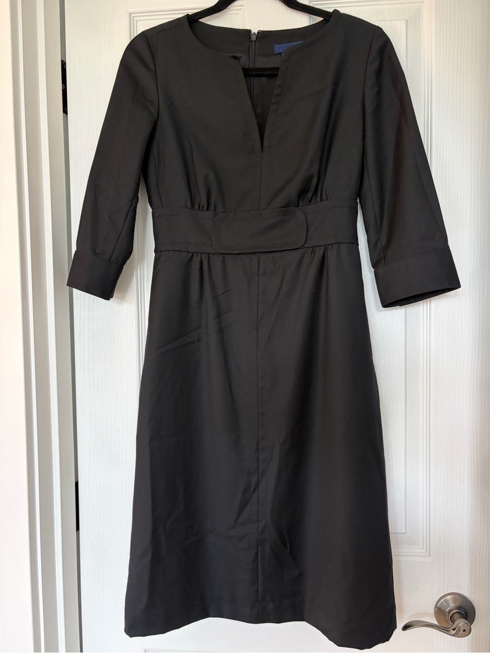 J. Crew Black Midi Dress with Cinched Waist and Three-Quarter Sleeves